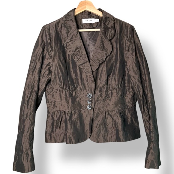 IRIS SETLAKWE Brown Fully Lined Peplum Crinkle Blazer MADE IN CANADA Sz 12 - Picture 1 of 8